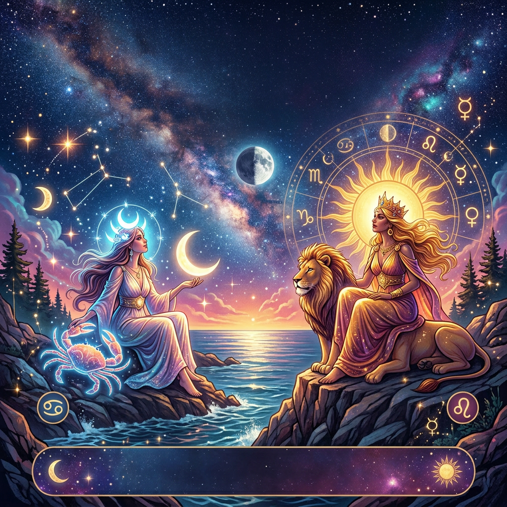 Illustration of Cancer and Leo zodiac signs with astrological symbols and cosmic background